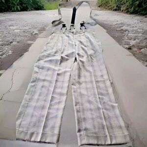 E. J. Samuel Men's Suspender Herringbone Zip Up Pleated Front Cuffed Hem Pants